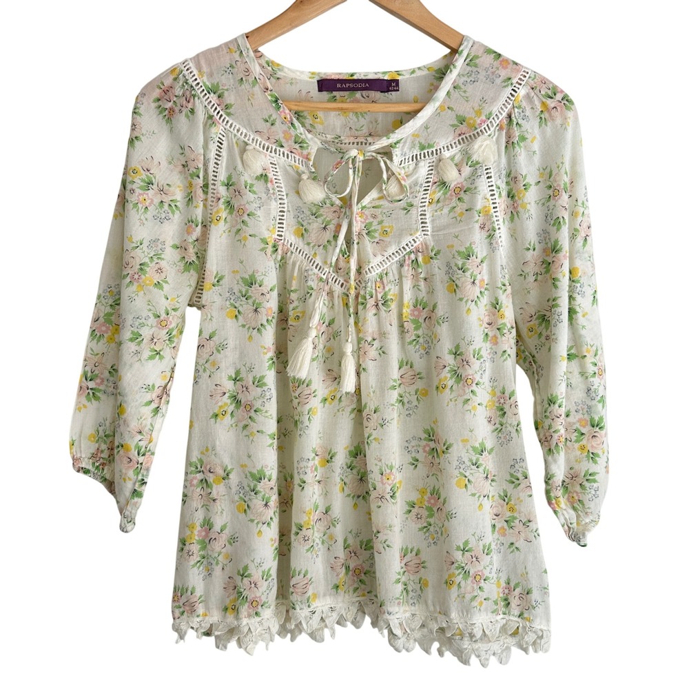 Rapsodia Floral Peasant Blouse Womens M White Boho‎ Lace Feminine Romantic Top